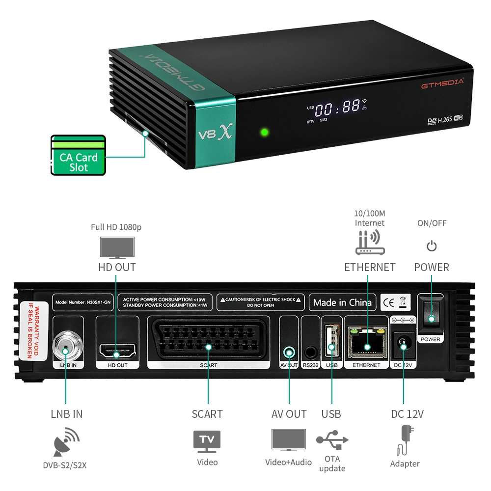 Gtmedia V8X livre de ar Digital FTA receptor de satélite DVB S2X 4K com Ca Slot de cartão