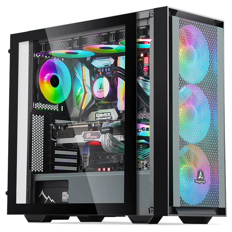 June-Segotep-Gray-Gank360- 2pcs bahías HDD de 3,5 pulgadas- Water-Cooling-ATX Meshes-Gaming de vidrio -caso ordenador PC o la carcasa