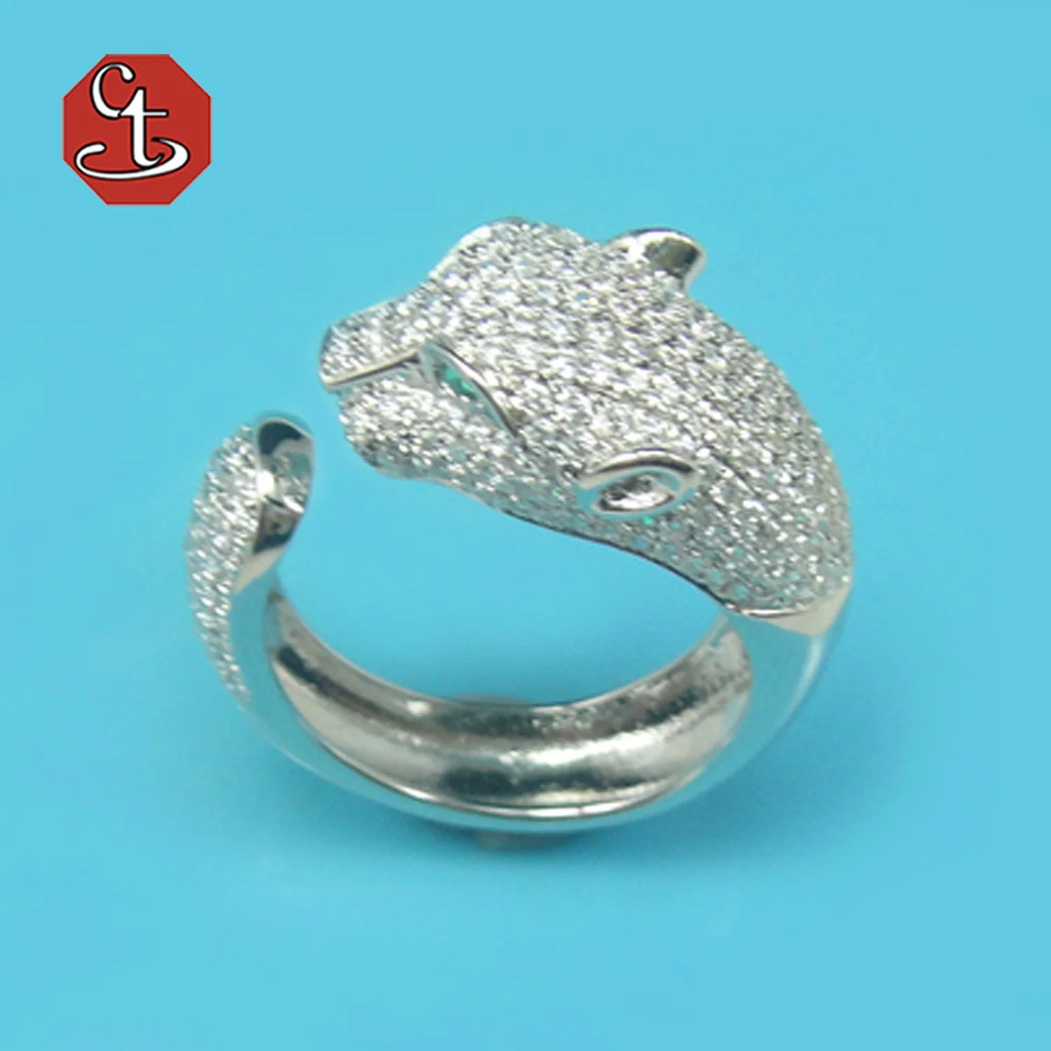 Moda Animal Leopard cabeza anillo Plata Joyas con blanco cz