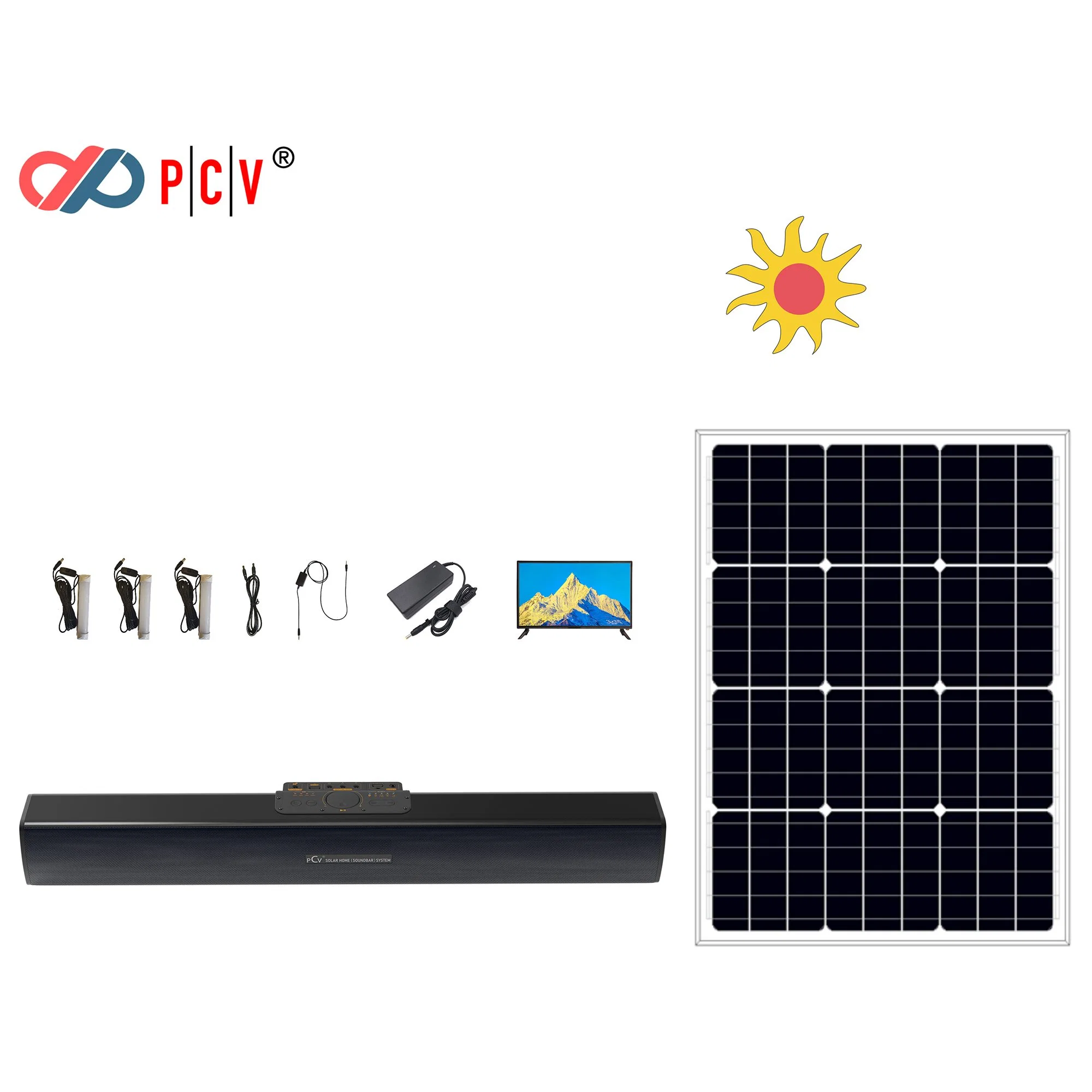 Pcv Best Wholesale/Supplier Solar Soundbar TV System with Solar HiFi Multifunctions Soundbar & 32-Inch Solar TV+ 65W Solar Panel