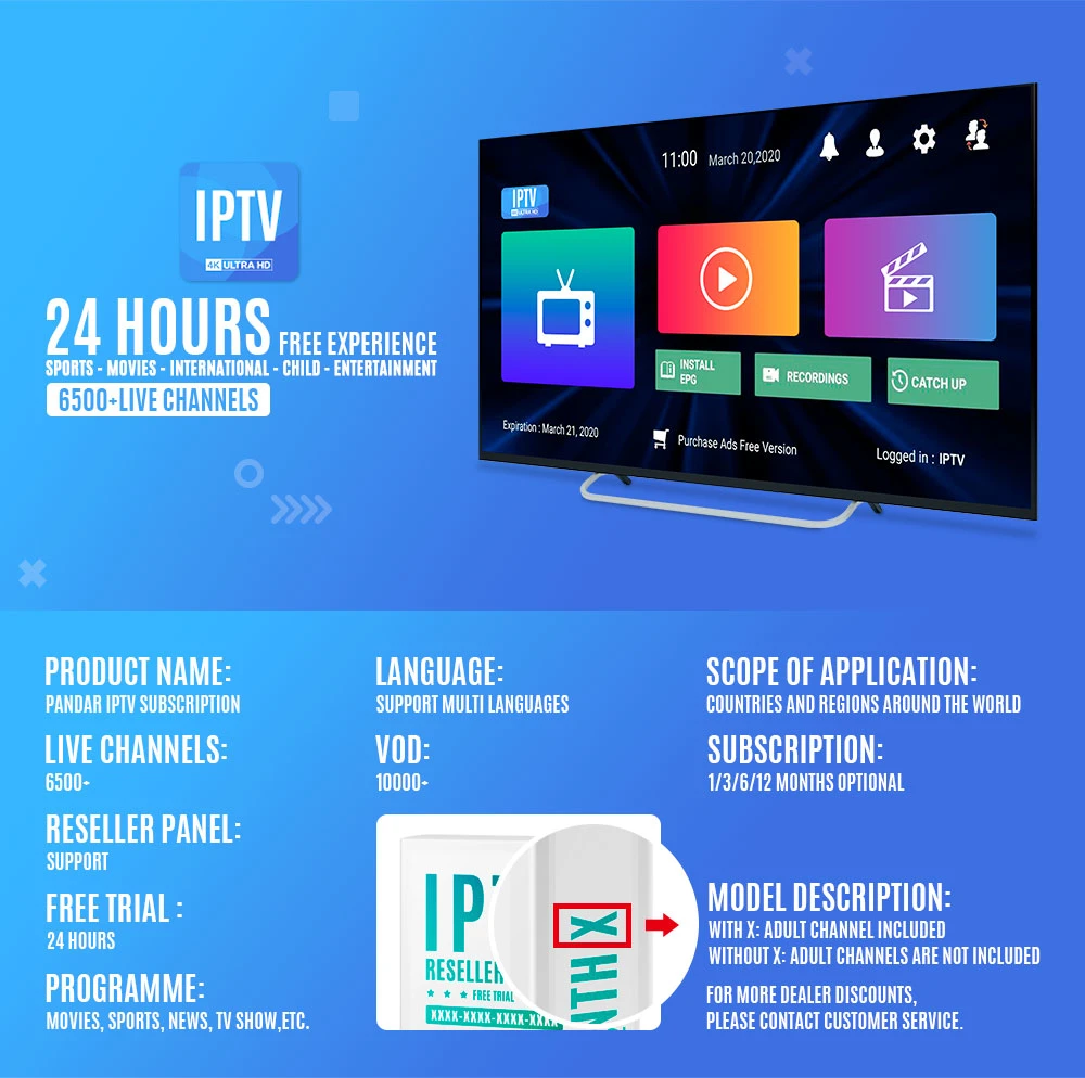 5pcs 12 meses de 2022 Mundo IPTV Prueba gratuita de código de Android Tvbox Decodificador Pandar Panel Reseller Firestick Suscripción IPTV de M3U