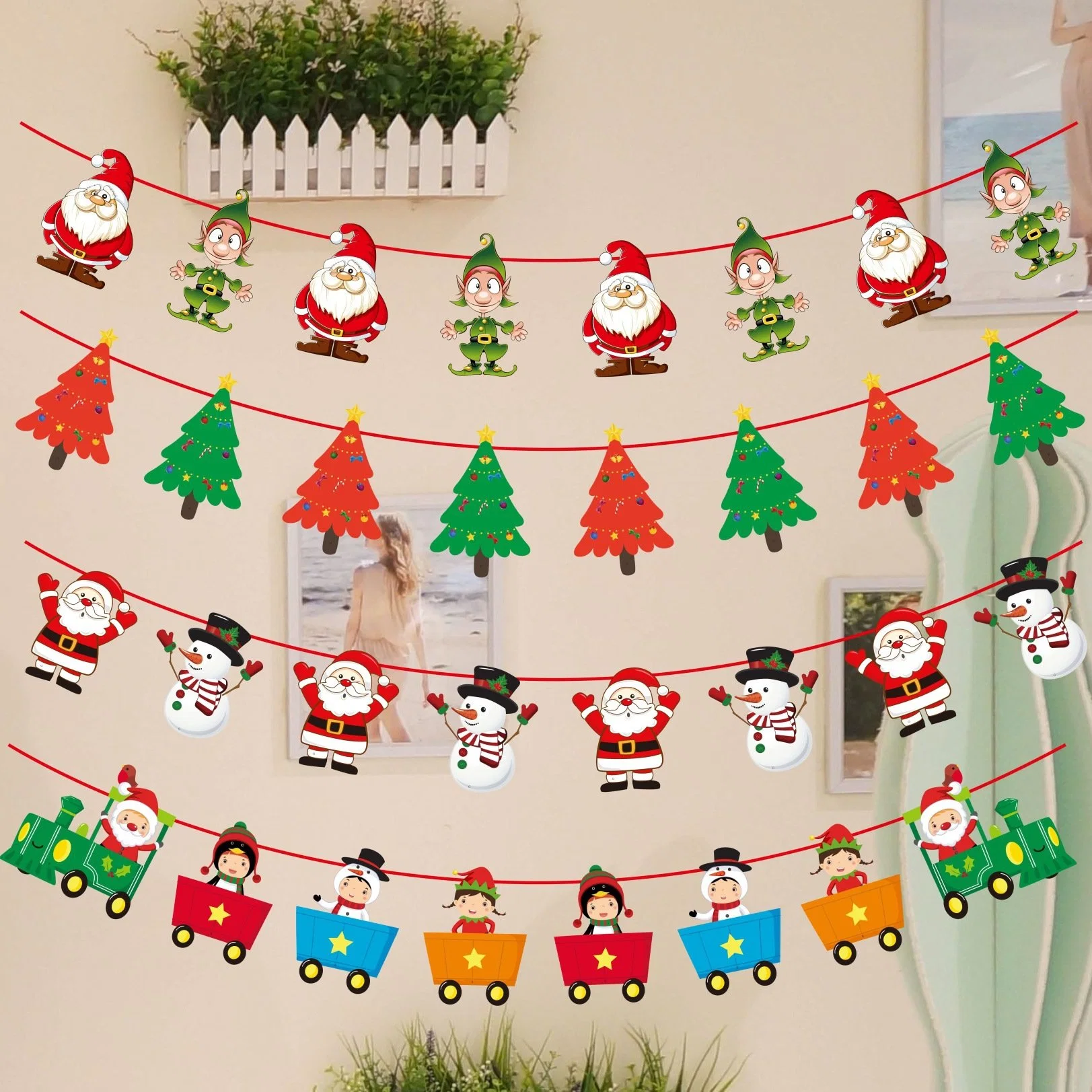 12 Styles Double Paper Side Christmas Banner Xmax Signs Hanging Banner with Santa Elk Sock Snowman Ornaments