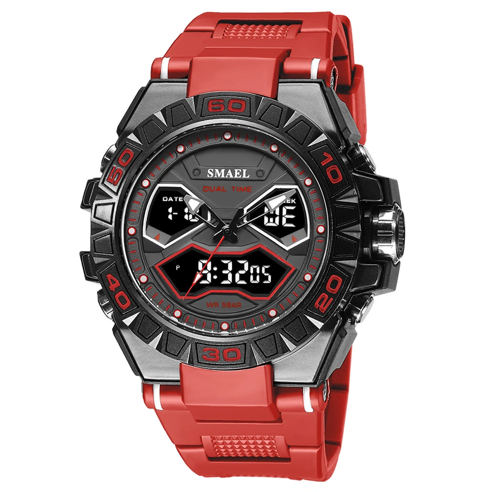 Red Homme Multifunctional Alloy Watch pour Homme Double Display imperméable lumineux Montre électronique de sport d'extérieur