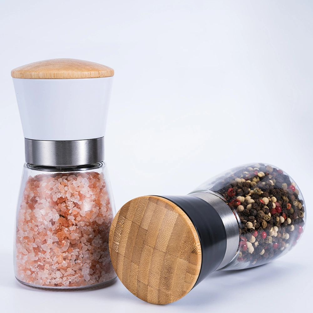 Bamboo Lid Glass Bottle Spice Mill 2PCS Salt Pepper Grinder Set