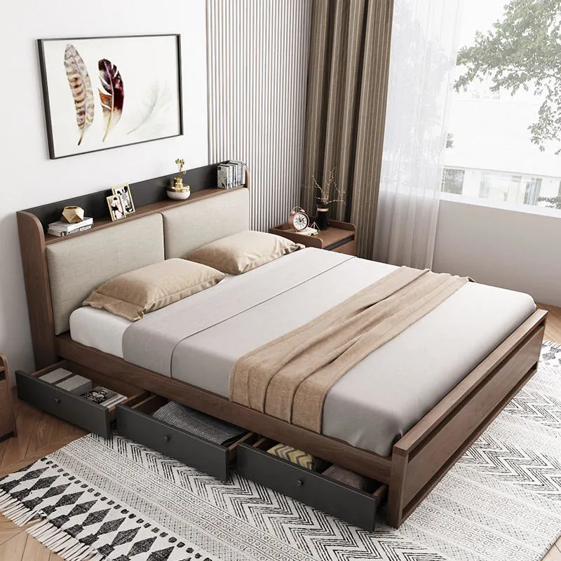 Móveis modernos para quarto com armazenamento, interface USB e cama de casal com gavetas.