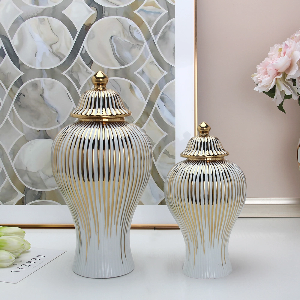 J195 Porcelana estilo Europeo Jar jengibre nieve decoración de casa de lujo Jarrón de flores de oro de boda con diseño de dibujo de cerámica