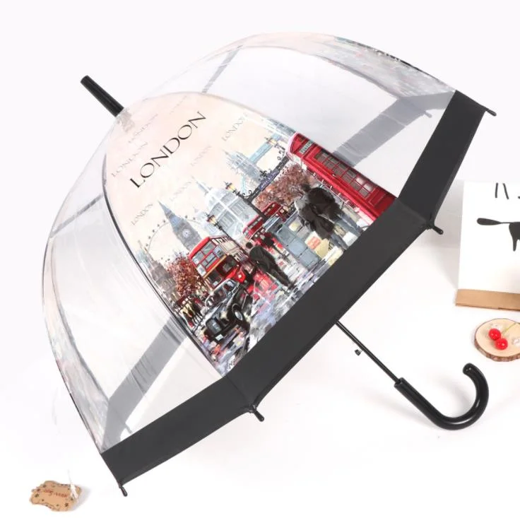 BSCI Usine OEM Promotion Publicité Nouvelle Invention En Gros Parapluie Transparent en Forme de Dôme Coupe-vent Personnalisé Conçu pour Dames pour une Utilisation en Extérieur.