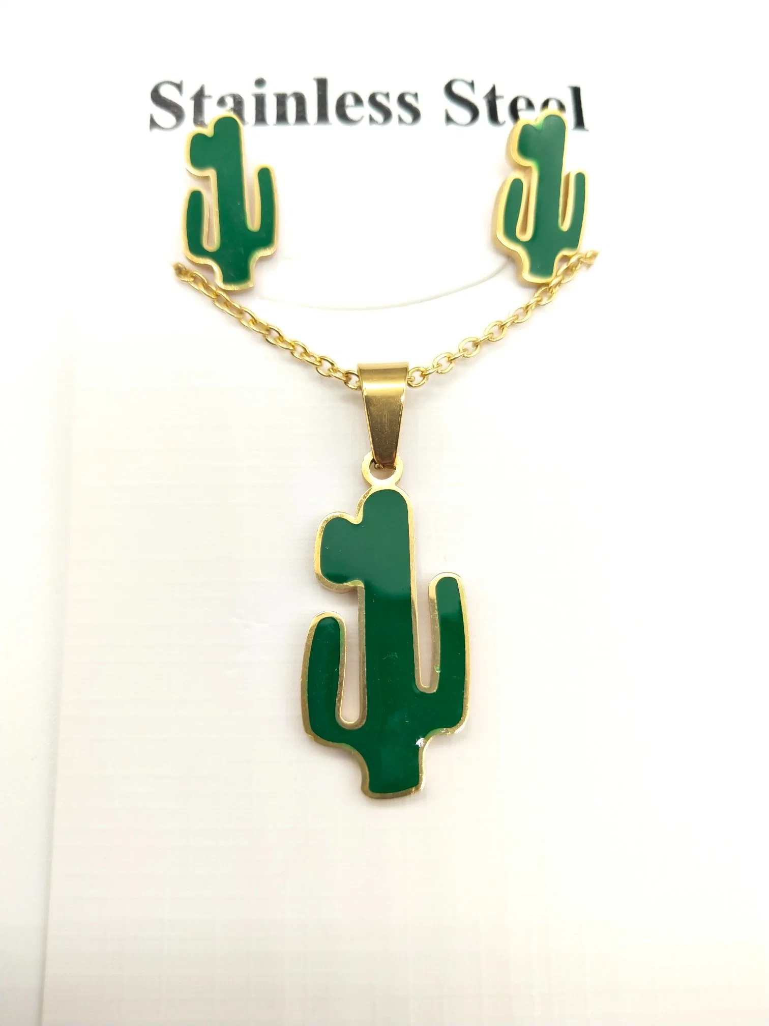 2023 Wholesale New Fashion Gold Plated Colorful Cactus Stud Earrings Necklace Jewelry Set for Women