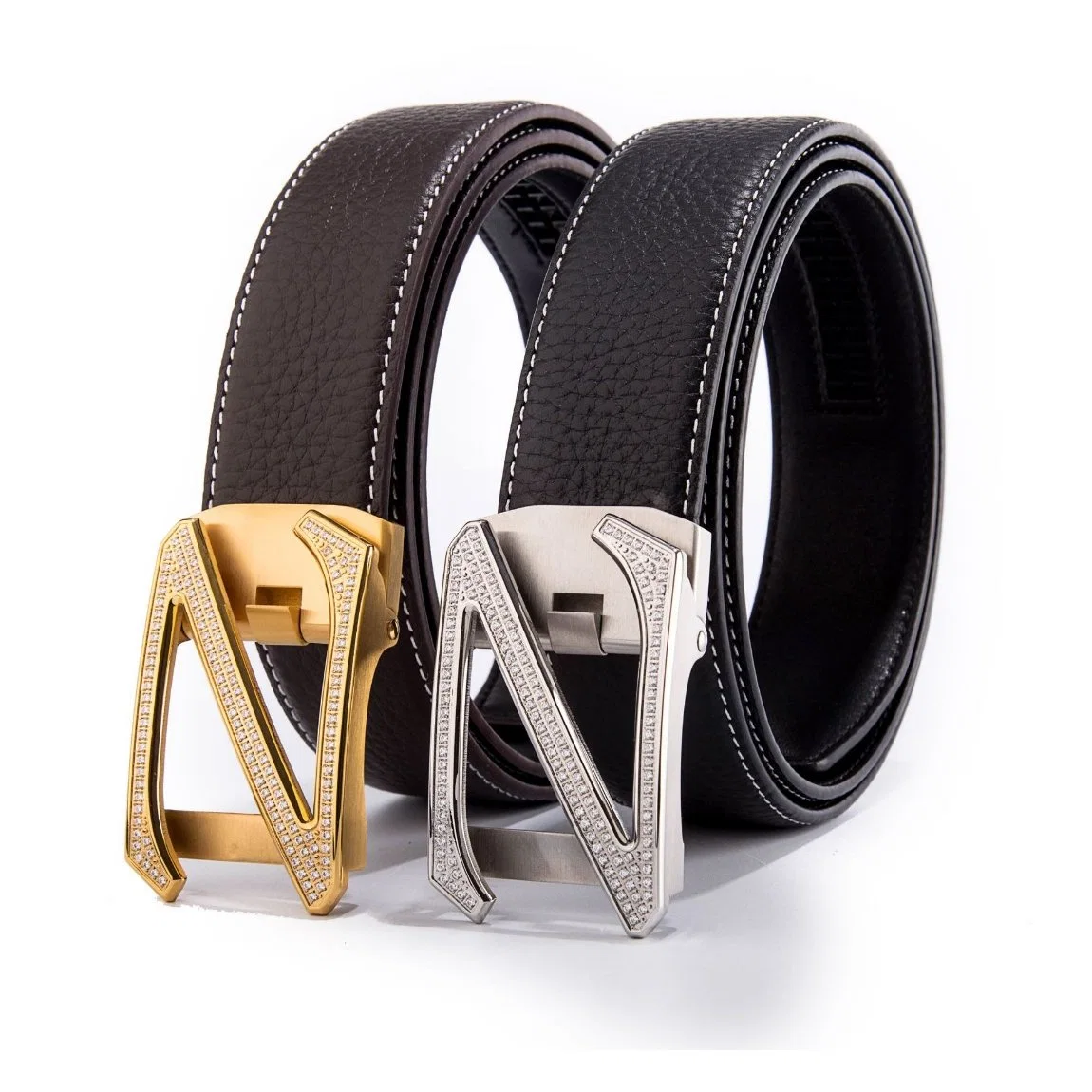 Chinese Men&prime; S Fashion Black Cowhide Genuine Leather Belt Diamond-Encrusted Stainless Steel Buckle Leather Belt for Men