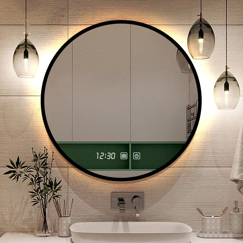 Espejo de baño redondo con marco de aluminio nórdico Smart LED Light Mirror Inodoro Lavadora espejo de maquillaje montado en la pared