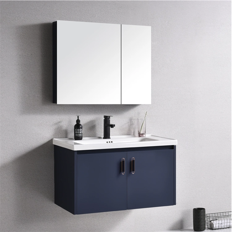 Washroom Lavatory SS304 Blue Color Bathroom Cabinet Vanity Large Storage Space with Ceramic Basin