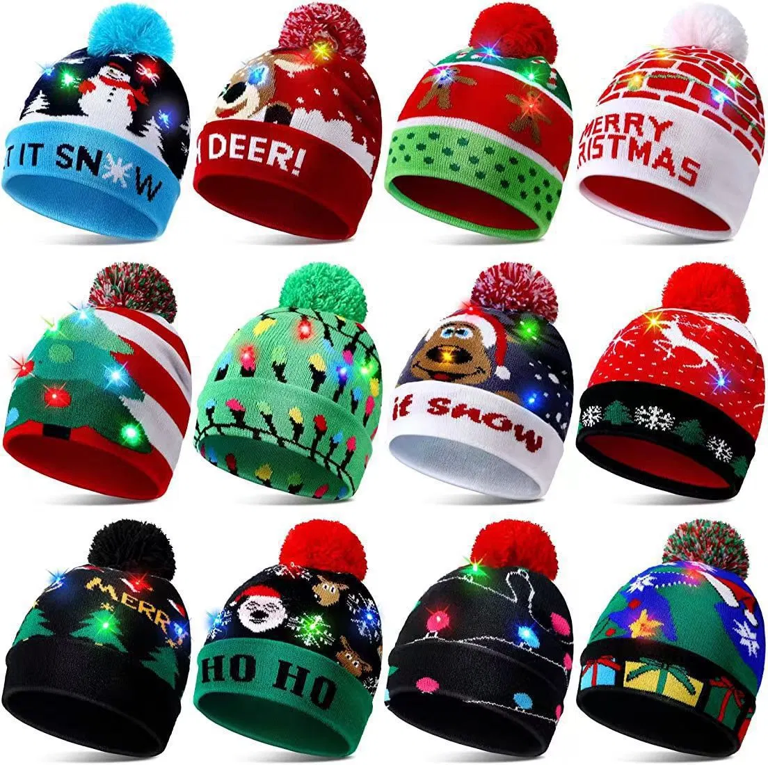 Christmas Hat LED Thermal Knitted Cap Xmas Holiday Hat with Reindeer