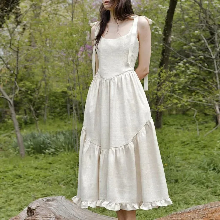 2023 Strapless Lace-up Women Linen Dress Summer Fit and Flare White Linen Dresses for Women