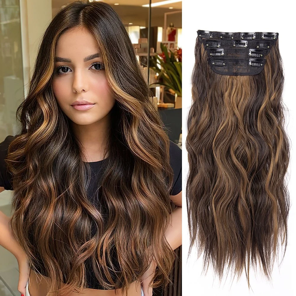 Heat Resistant Fiber Invisible Thick Hairpieces Long Wavy Seamless Clips in Synthetic Hair Extensions