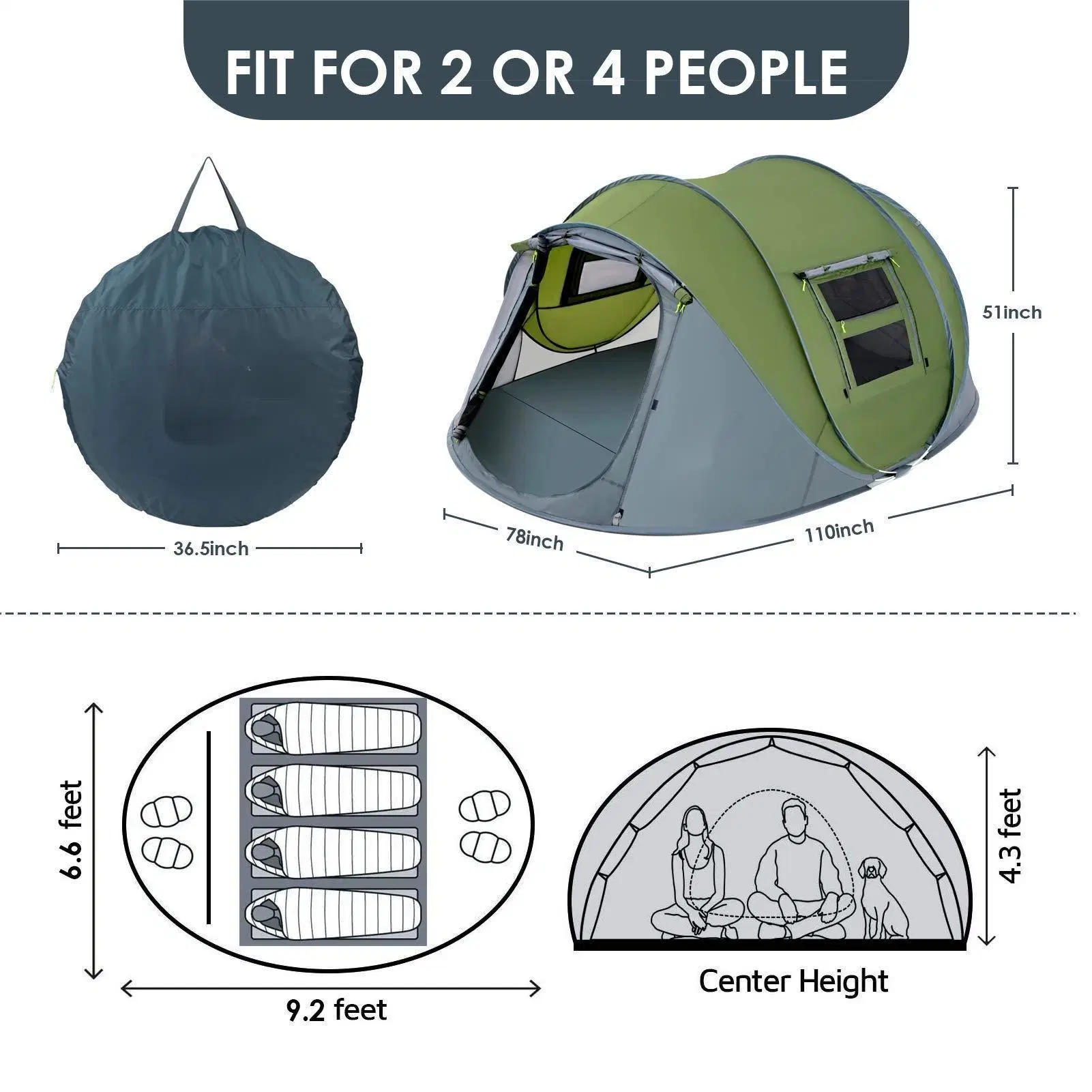 Outdoor Hiking Traveling Backpacking Waterproof 2-4 Person Easy Pop-up Inflatable Big Camping Tent