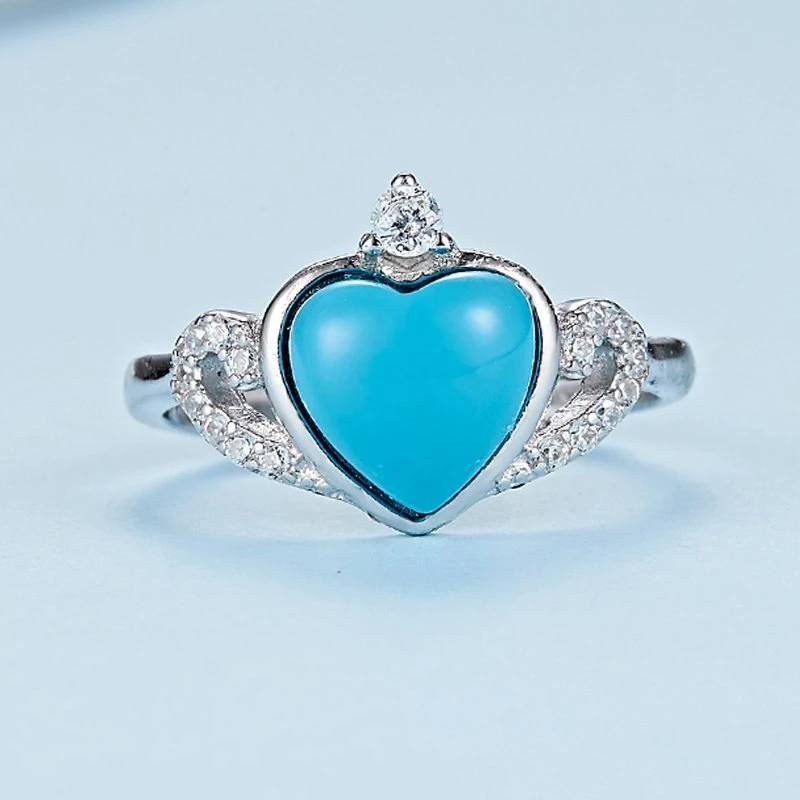 Mujer Elegante anillo de dedo corazón cortar piedra turquesa anillo plata