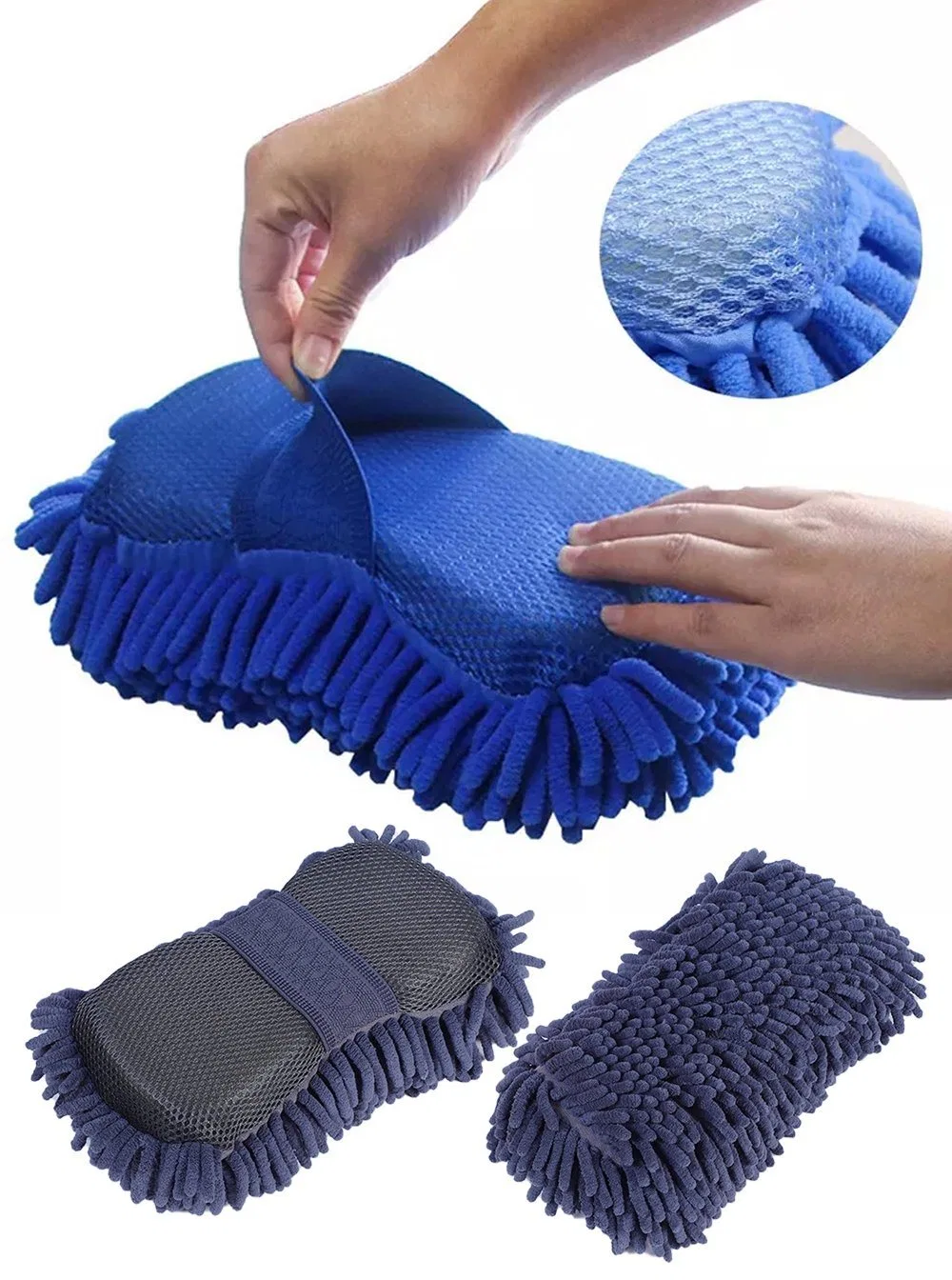 Esponjas de limpieza de automóviles parte esencial de cualquier kit de lavado de coches Microfibre Chenille coche esponja de lavado, doble cara esponja de lavado incorporado en la correa de mano