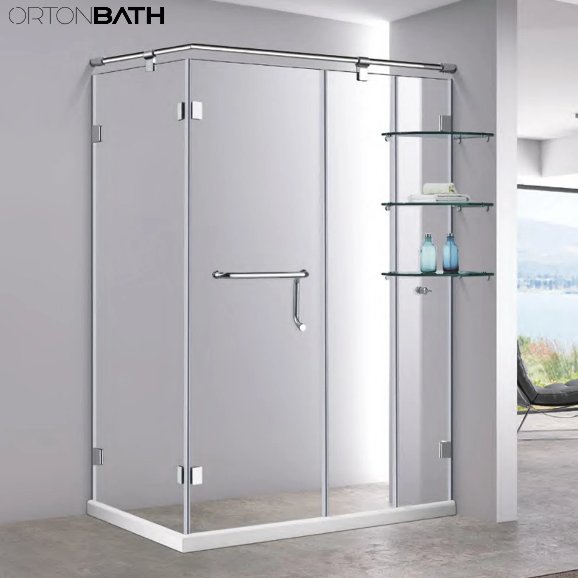 Ortonbath Classic Corner Entry Frameless Rectangular Pivot Two Side Simple Bathroom Tempered Shower Door Room Cubicle Cabin Glass Shower Enclosure