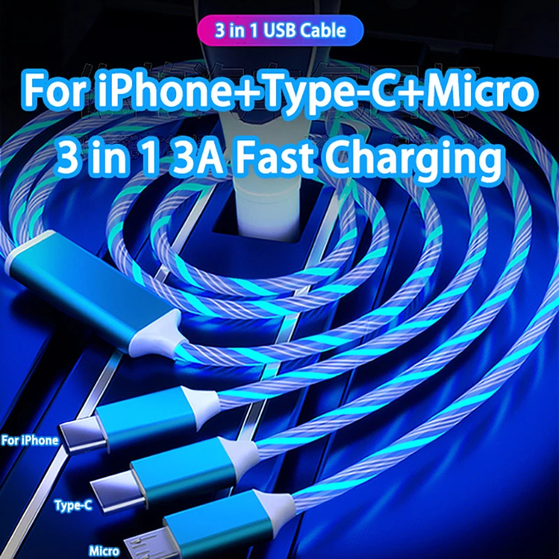 Glowing LED Light 3 in 1 3A Fast Charging Micro USB Type C Cable for Iphones Samsung Phone