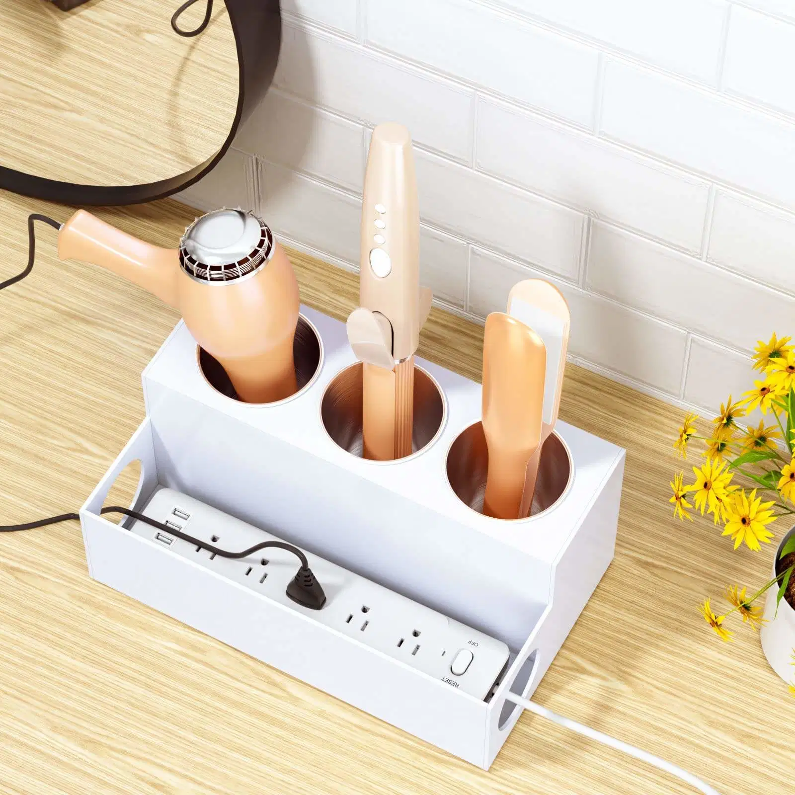 El cuarto de baño cabello claro Organizador de herramientas de acrílico blanco Secador de pelo soporte con 3 tazas