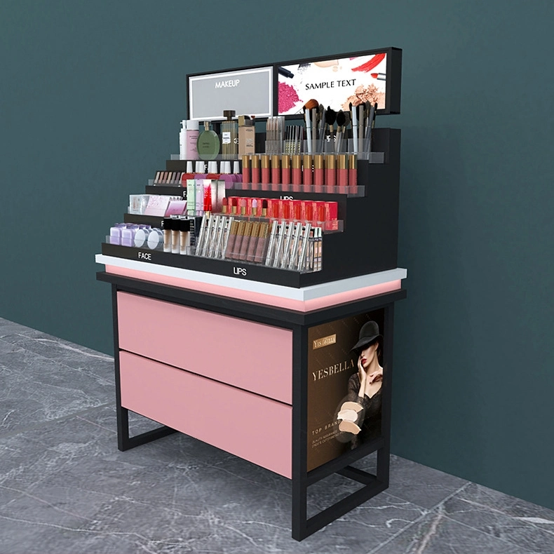 Présentoir à maquillage en métal personnalisé avec grille de rangement en acrylique Et Cabinet