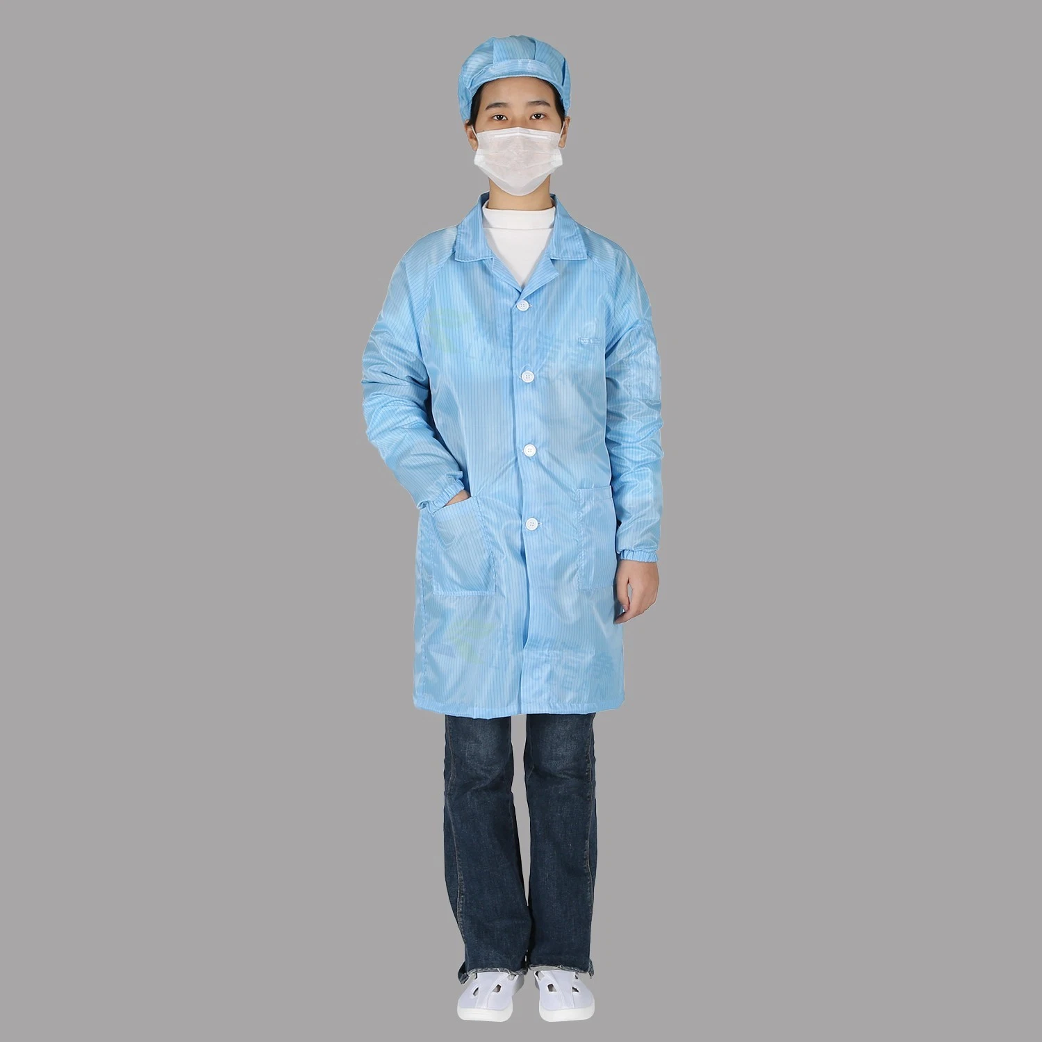 Blue Women Polyester Cleanroom Lab Coat Safety Cloat Stantatic Gown تفريغ شحنات الكهرباء الساكنة