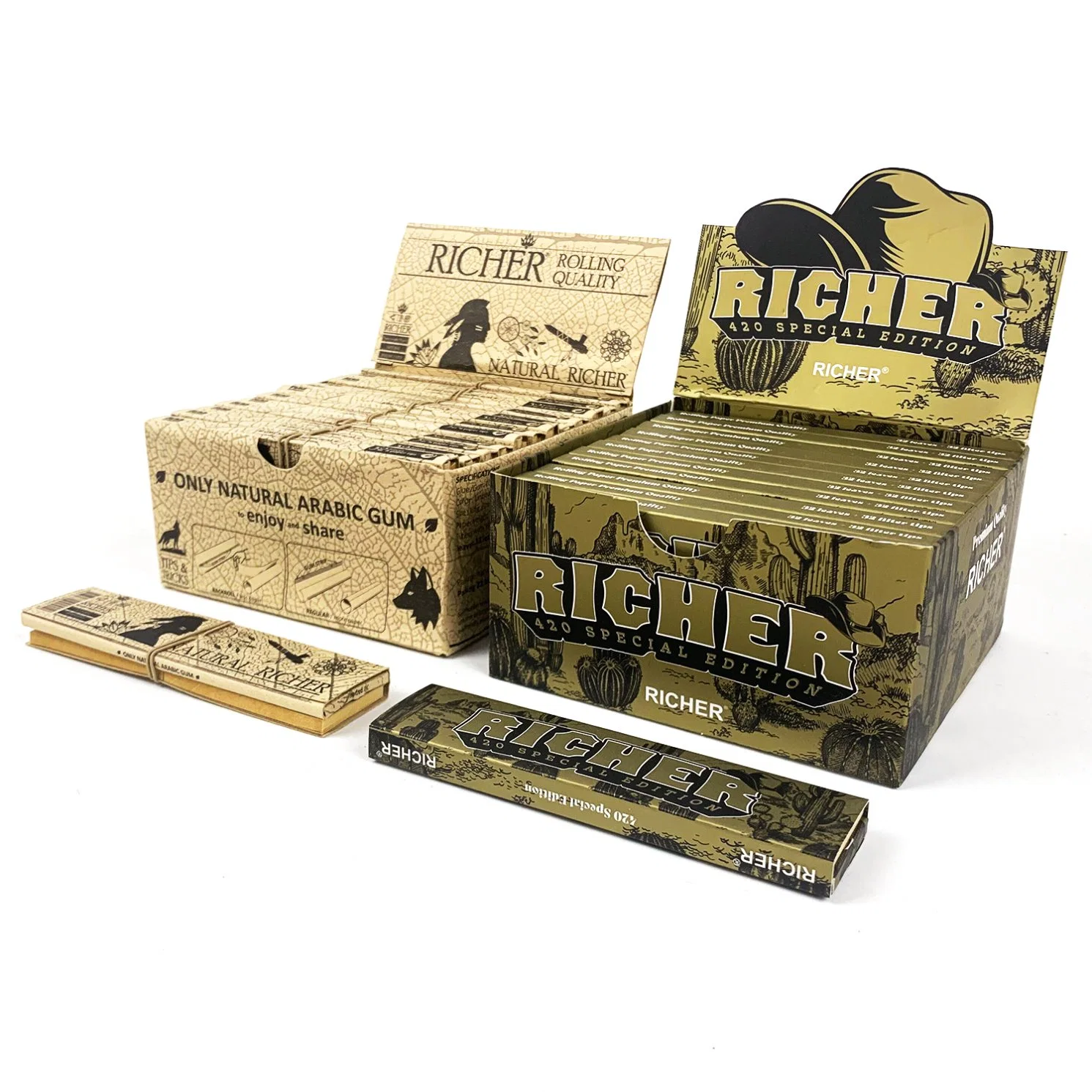 Richer Brand Brown Rolling Paper Smoking Black Package 1 1/4 Size