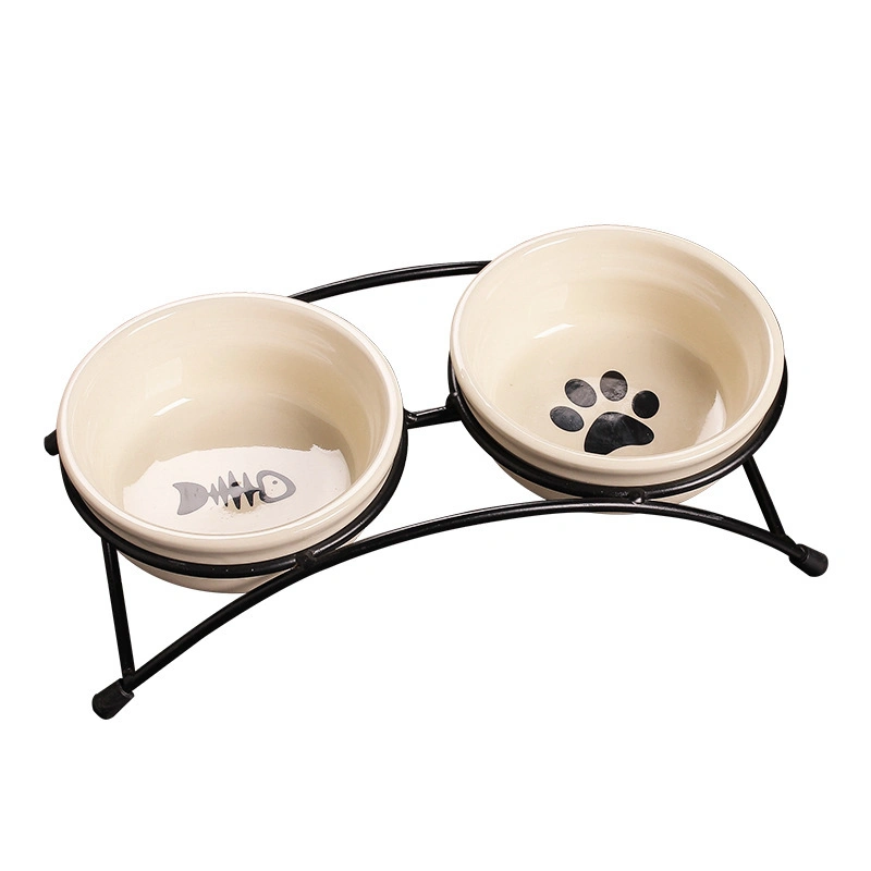 Pet Cat Dog Iron Frame Ceramic Double Bowl