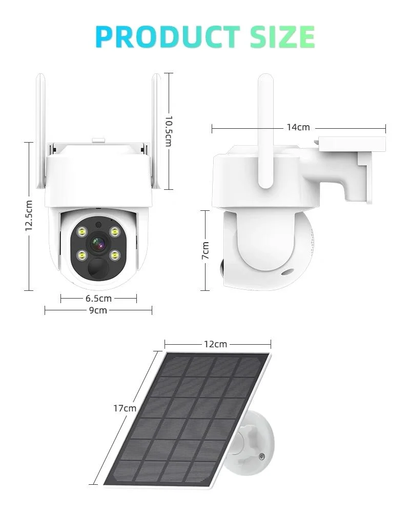 Panel solar alimentado por batería CCTV Video surpil PIR impermeable exterior Cámara PTZ de seguridad IP WiFi inalámbrica