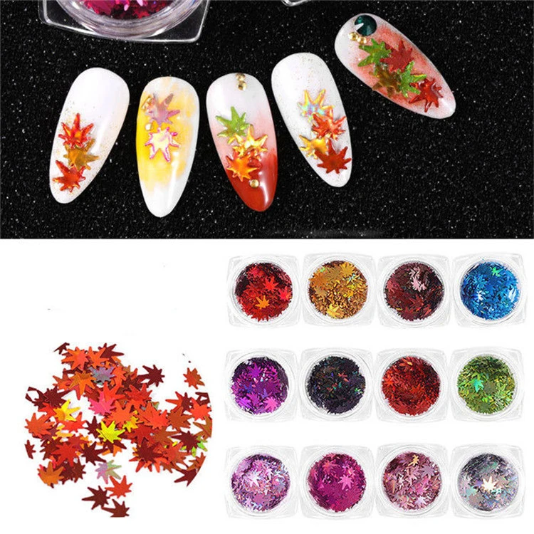 Manicura Maple Leaf lentejuelas decorativo Multicolor Sinfonía parpadea DIY Nail joyas 12 sets de colores