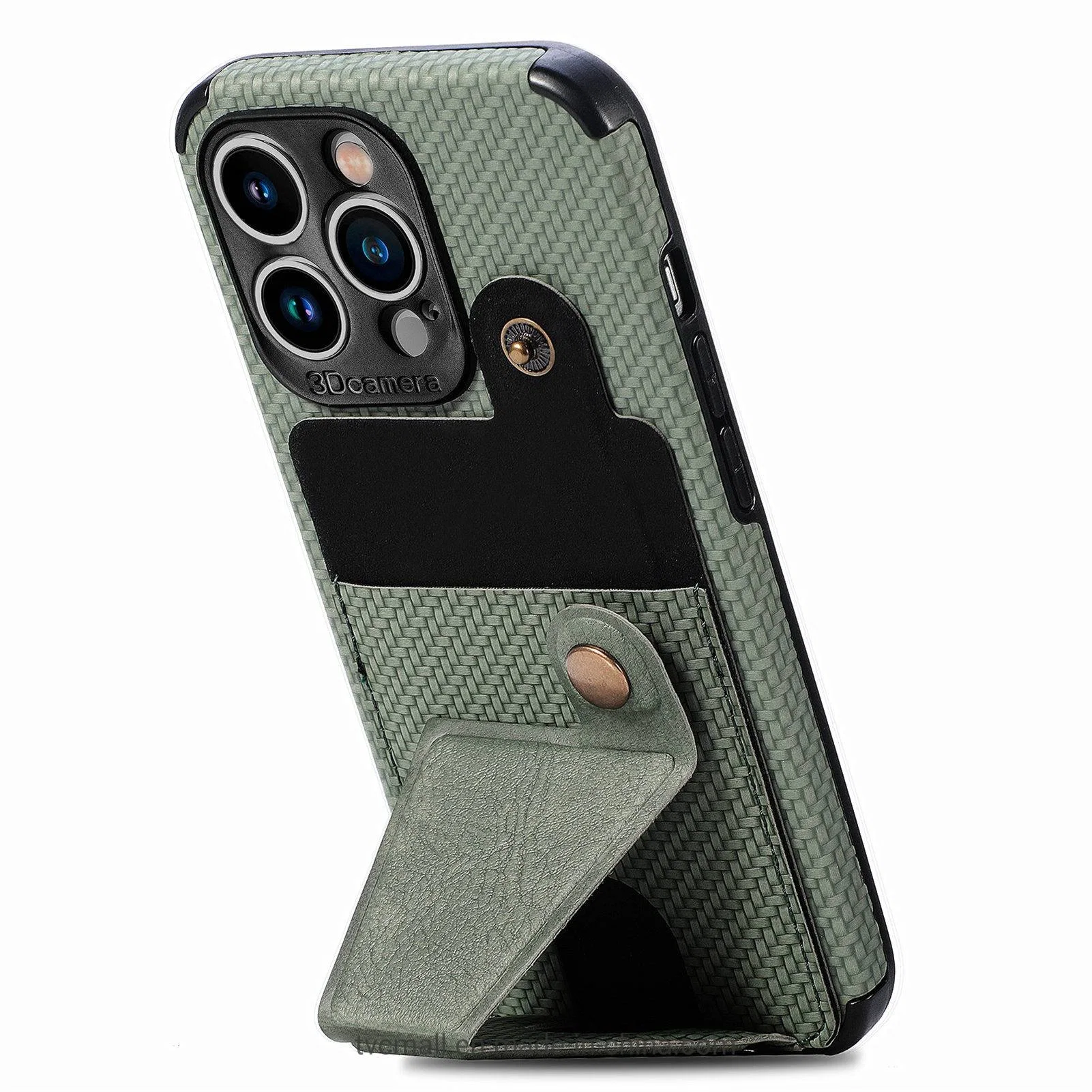 K-Shape Kickstand Leder beschichtet TPU-Fall für iPhone 13 pro 6,1 Zoll, Carbon-Faser Textur Telefon Cover mit Kartenhalter und integrierte Metallfolie - Grün