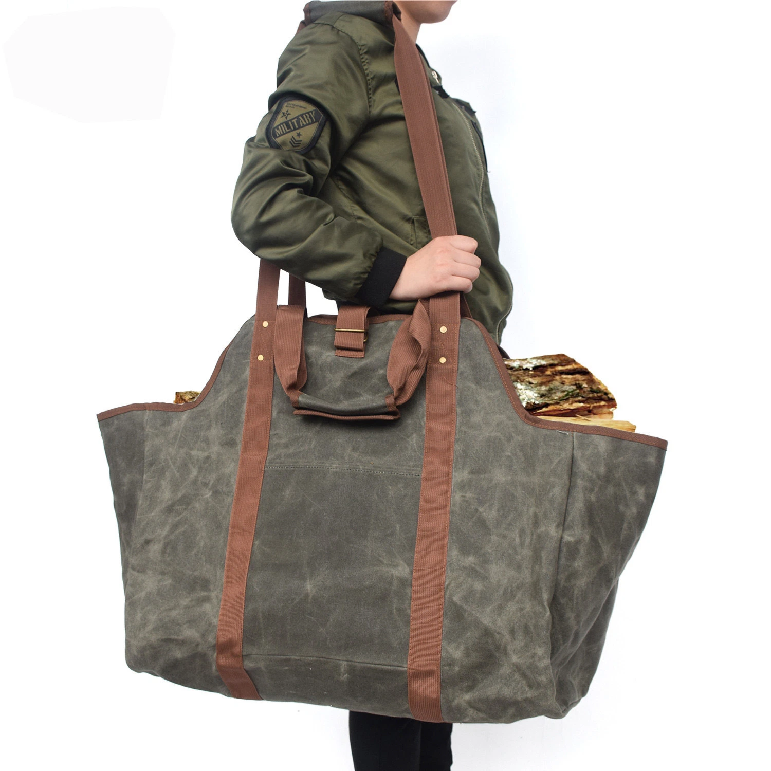 Log Canvas Tote Bag with Pocket, Fireplace Tools Wood Rack Waterproof, Fire Pit Log Accessories Double Handle Firewood Carrier Wbb13143