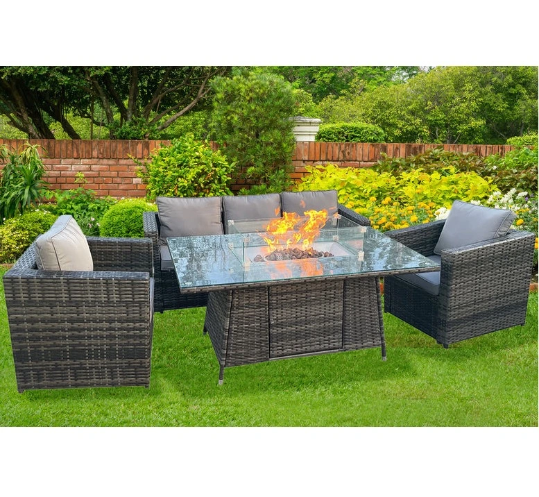 Outdoor Patio Wicker Sofa Rattan Garden Set with Fire Pit Table Furniture