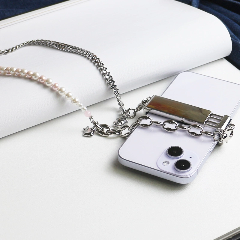 Cow Charm Bead Metal Chain Mobile Phone Clip Universal Heart Shape Pearl Messenger Strap Mobile Phone Case Accessories