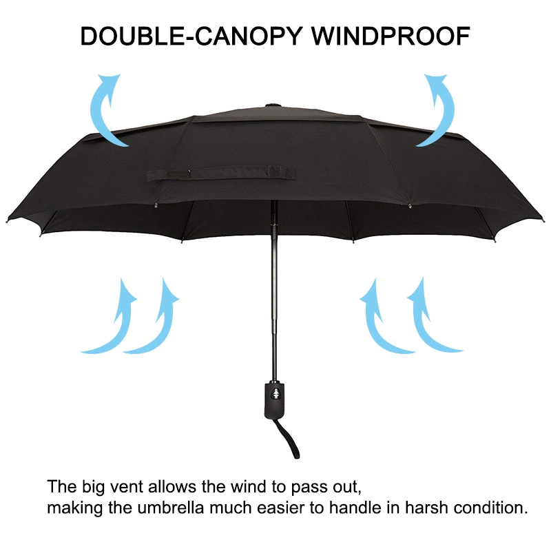 8K Black Automatic Windproof Double Vented Canopy 3 Fold Umbrella