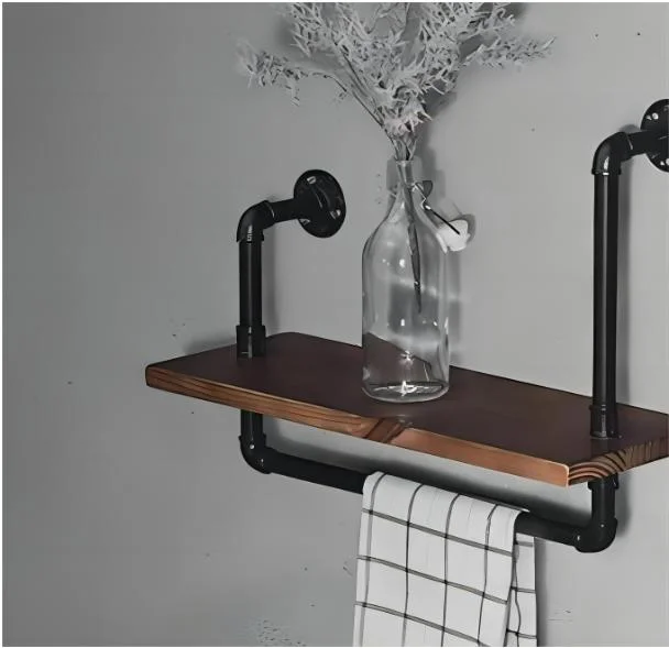 Wall Mounted Pipe Shelving with Wood Rustic Black Pipe Floating Shelves for Bathroom with Towel Holder and Detachable Hooks