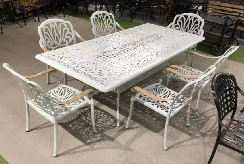 Restaurante Venta caliente nueva terraza jardín Alumium Metal mesa y sillas de comedor Muebles de aluminio fundido en blanco