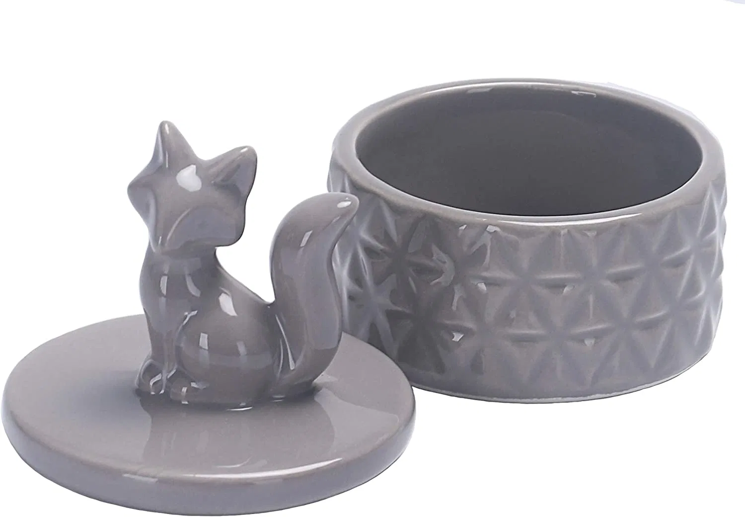 Grey Fox Ceramic Jewelry Case Trinket Ring Holder Case 2.6 Inch Diameter Wedding Anniversary Birthday for Bathroom Kithchen Night Stand