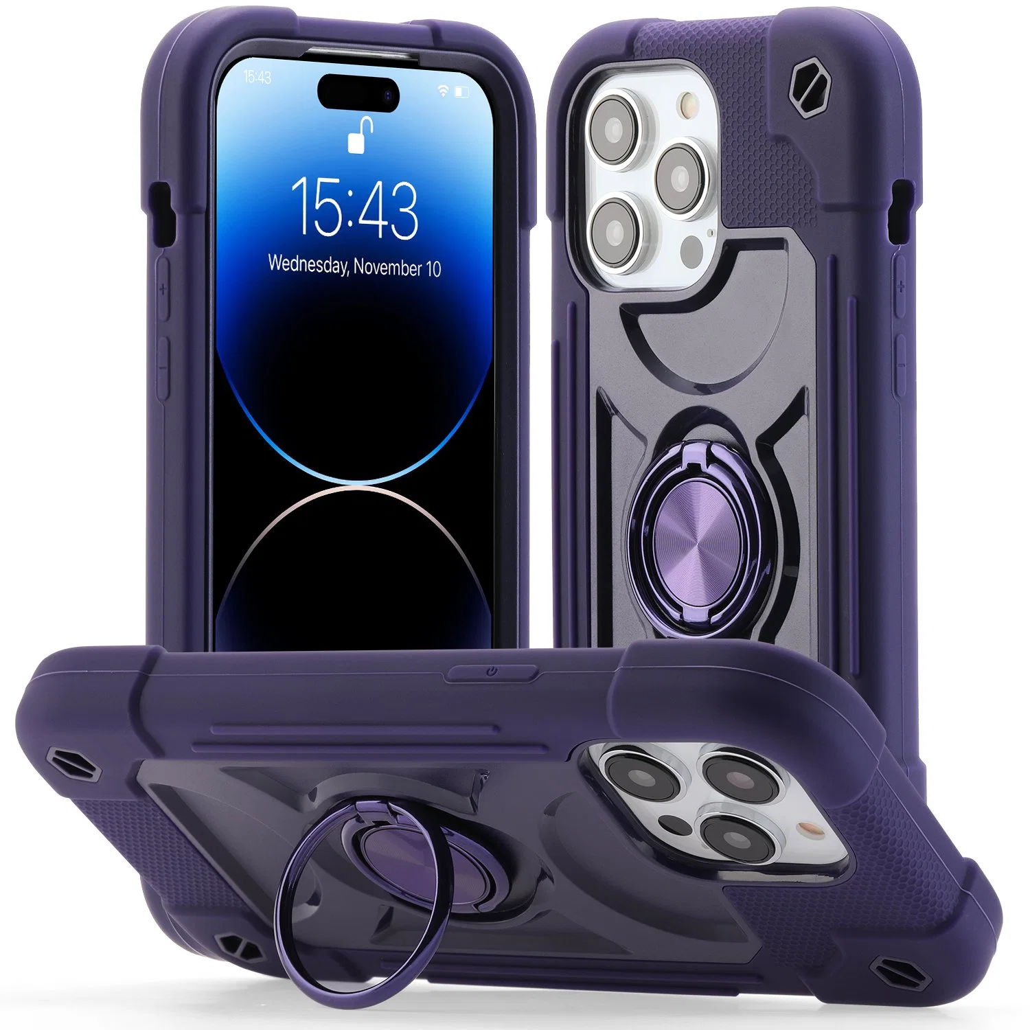 Universal Ring Kickstand Armor Triple Defender Case for iPhone 14 15 PRO Max