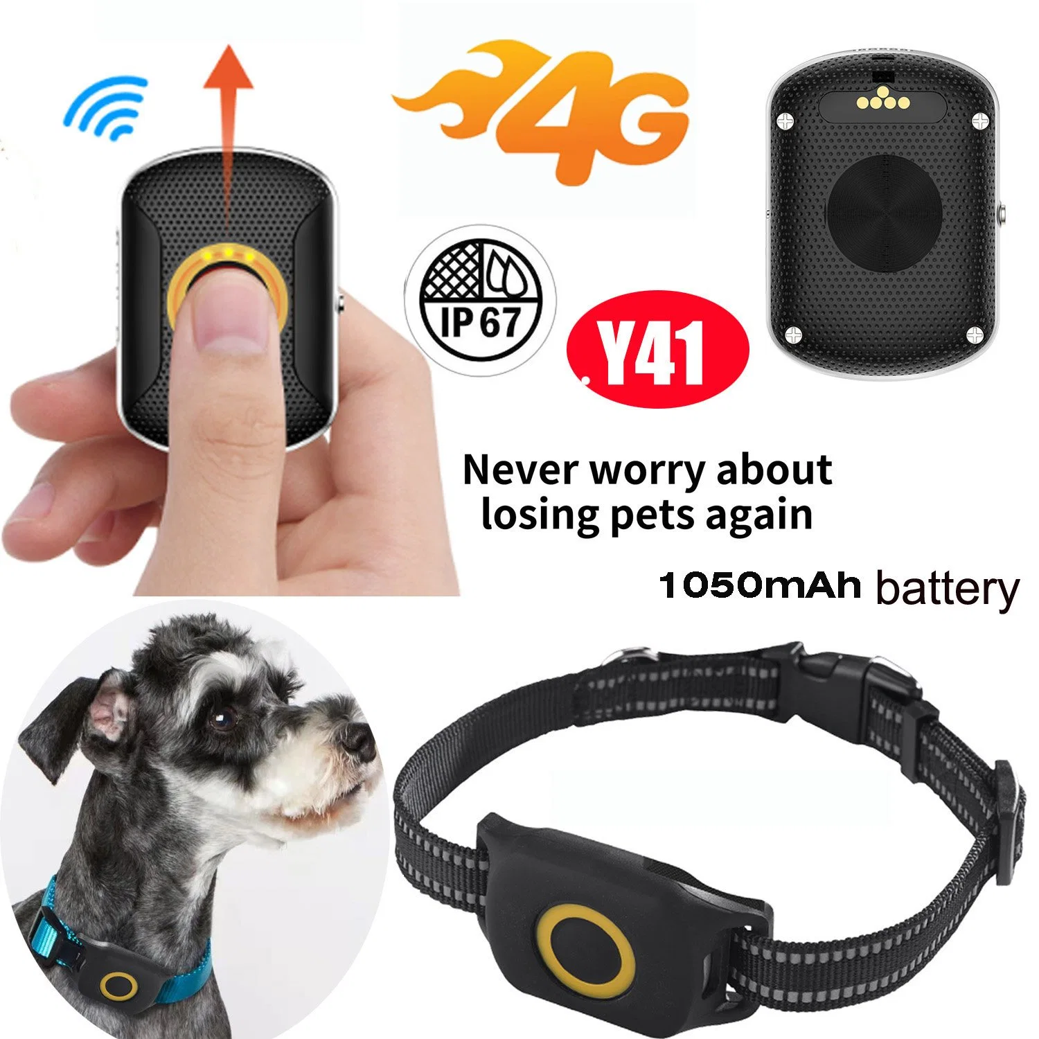 China Factory IP67 étanche 4G LTE précise animaux chasse au chiot Localisateur GPS de chiens Tracker avec positionnement Google Map Y41