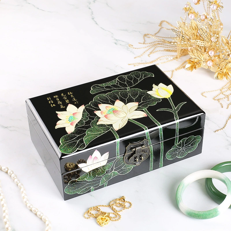 Lotus Pattern Summer Push Light Lacquerware Trousseau Case Double Jewelry Box