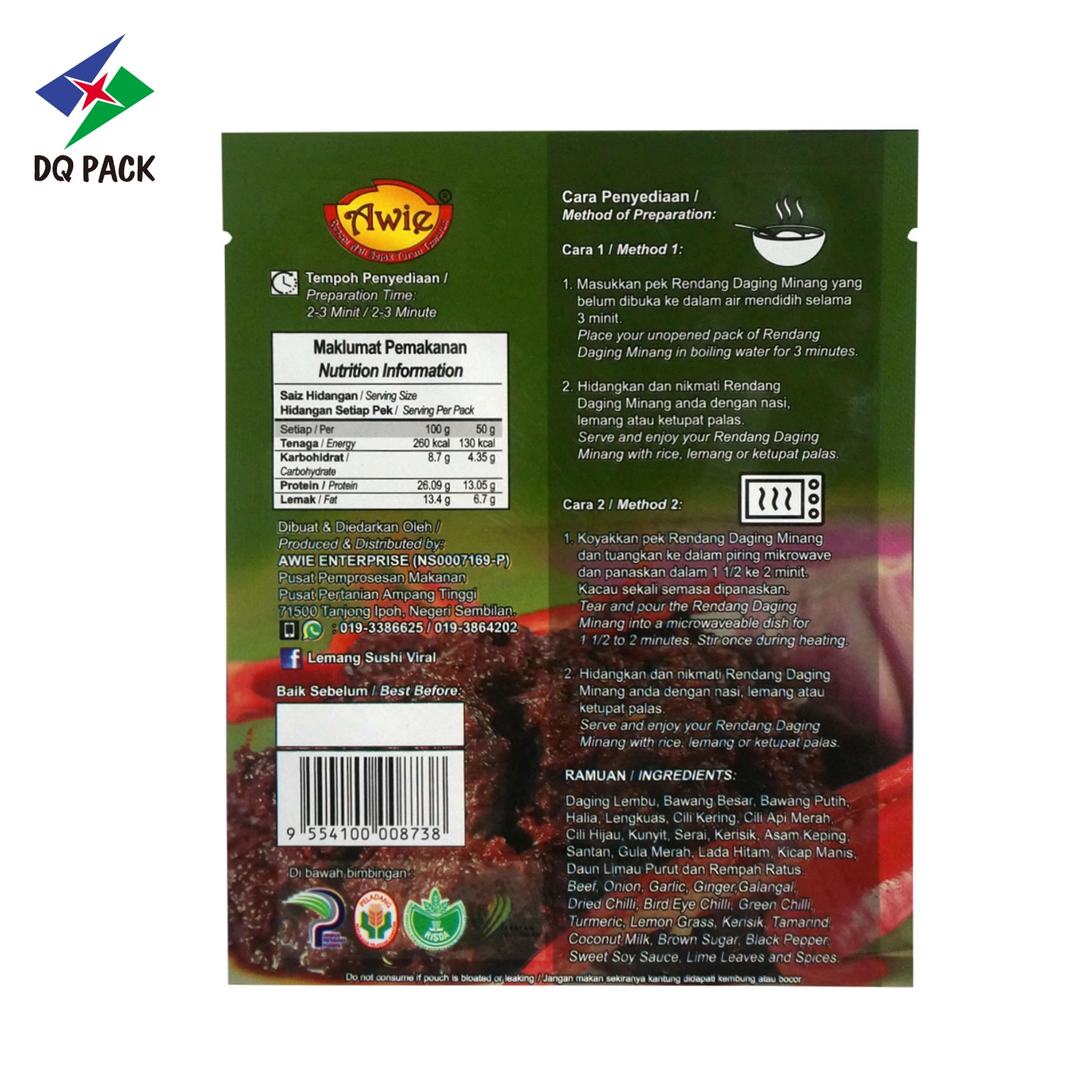 Dq Pack Spices Verpackung Beutel China Biologisch Abbaubar Drei Seite Versiegelt Tasche Kraftpapier Custom Printing