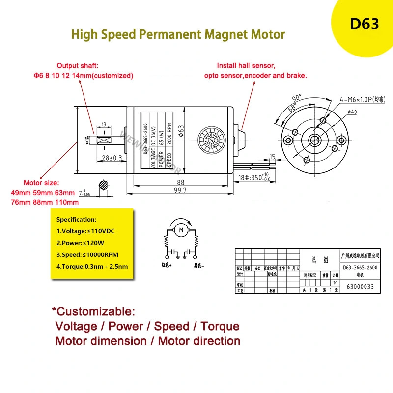 Custom High-Speed 90 Watt 180 Watt PMDC 24 Volt Carbon Brushed 12V DC Motor 10000 Rpm