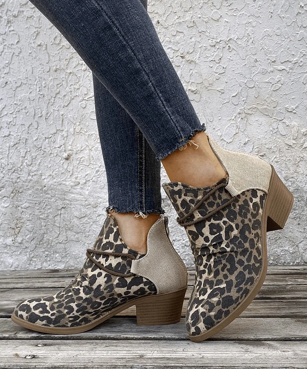 OEM Western Fashion Shoes Dear-Lover Leopard Retro Canvas Patchwork Chunky Heel Boots for Women