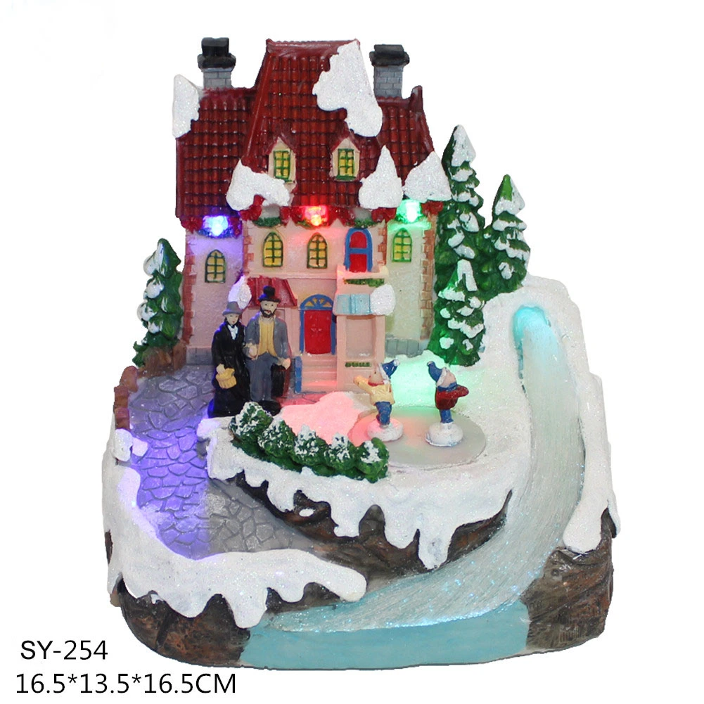 Custom Battery Colorful LED Lights Musical Miniature Christmas Village House Resin Crafts