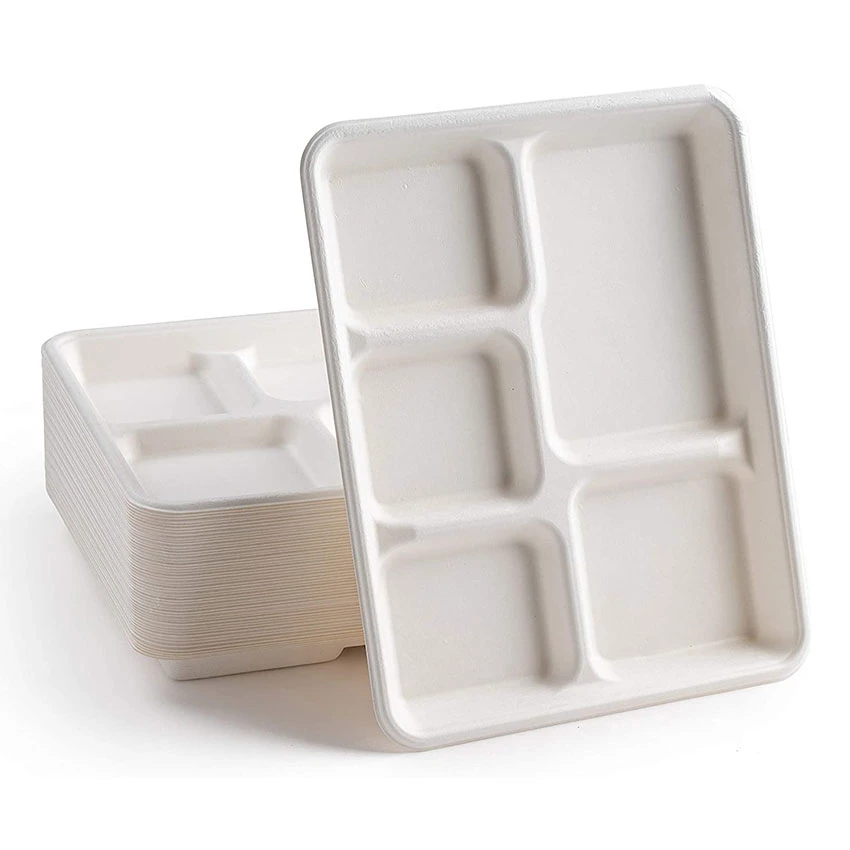 Hot Sale Restaurant Fast Food Biodegradable 5 Compartments Plate Dish Sugarcane Fiber Rectangle Sugarcane Lunch Tray
