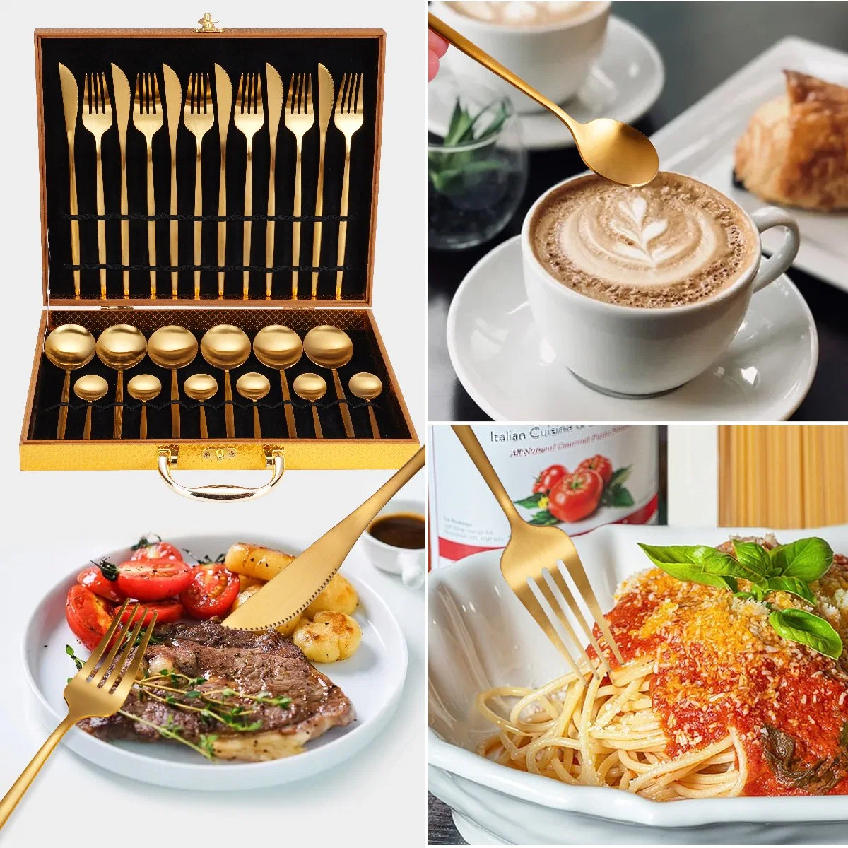 Wholesale/Supplier Luxury Restaurant Wedding Knife Spoon Fork Gift 24PCS Matte Gold Stainless Steel Cutlery Set with Wooden Box