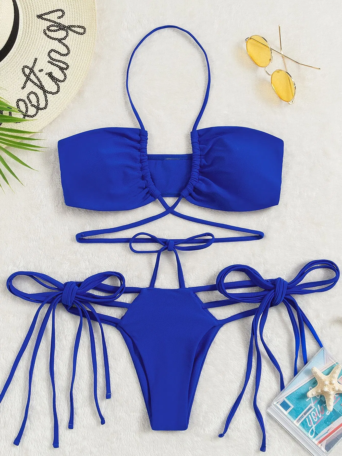 Pure Blue New Bikini Sexy Lace up Adjustable Swimwear Customized Factory 2PCS Beachwear