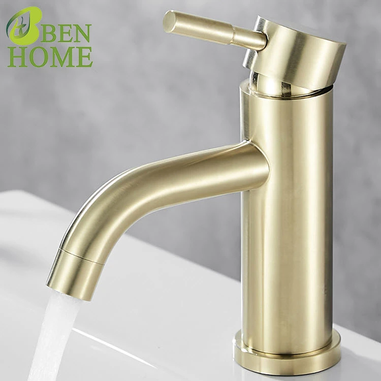 Gold Single Handle Hot and Cold Mixing Stainless Steel Brushed Traditional Cheap Decore Basin Faucet