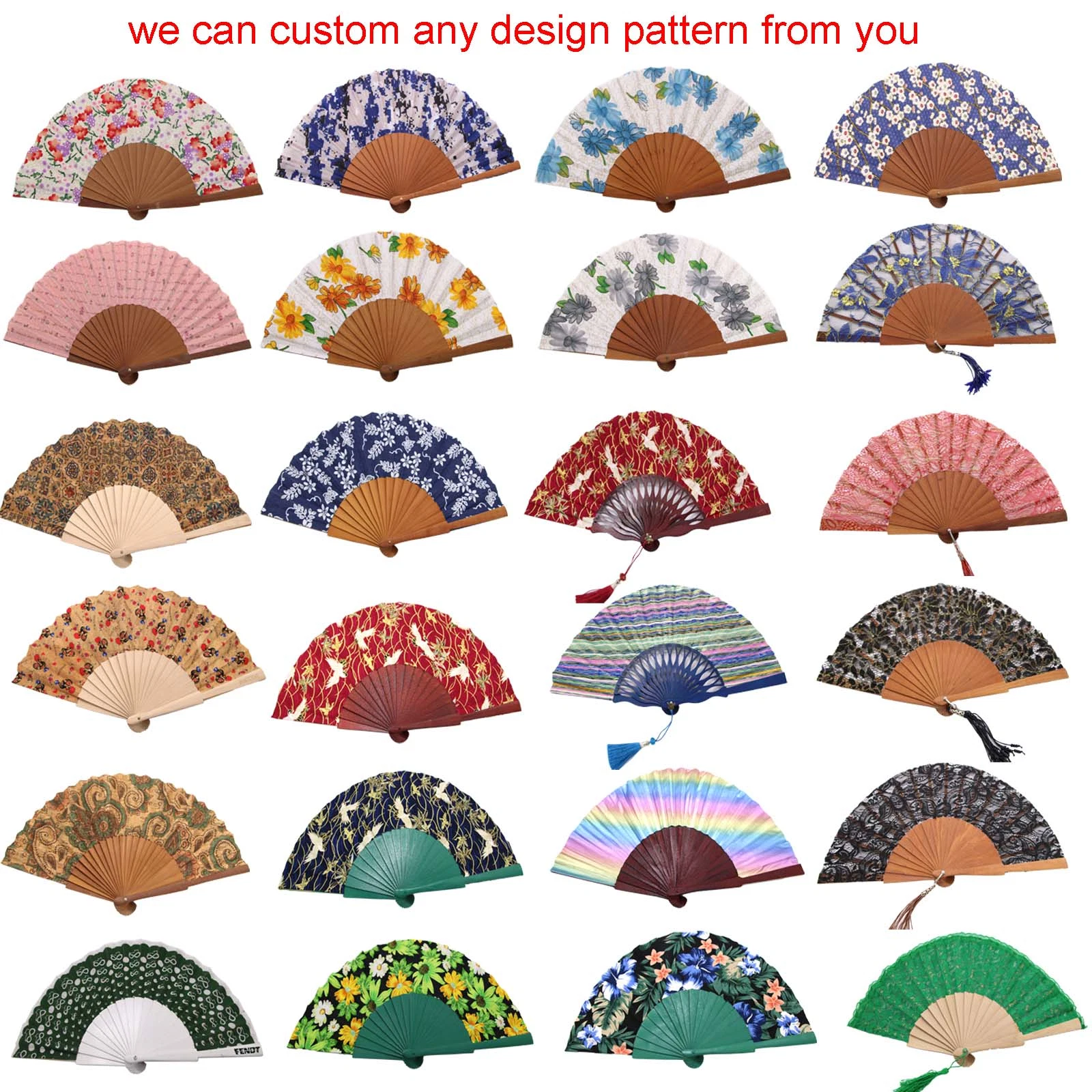 Custom Printed Promotion Plastic Bamboo Wooden Fabric Paper Hand Fan